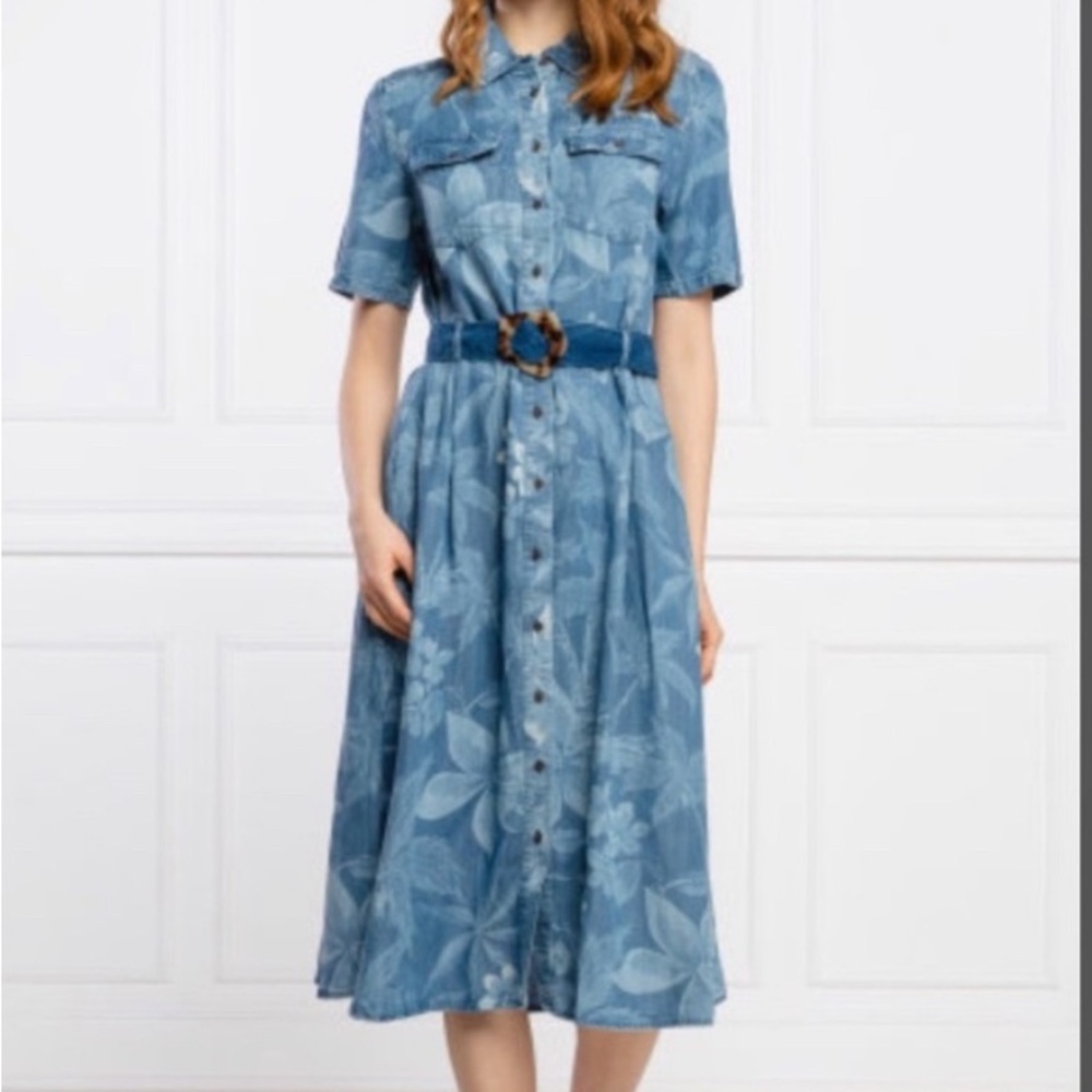 Desigual Blue Buttoned Tie Front Polo Collar Dress